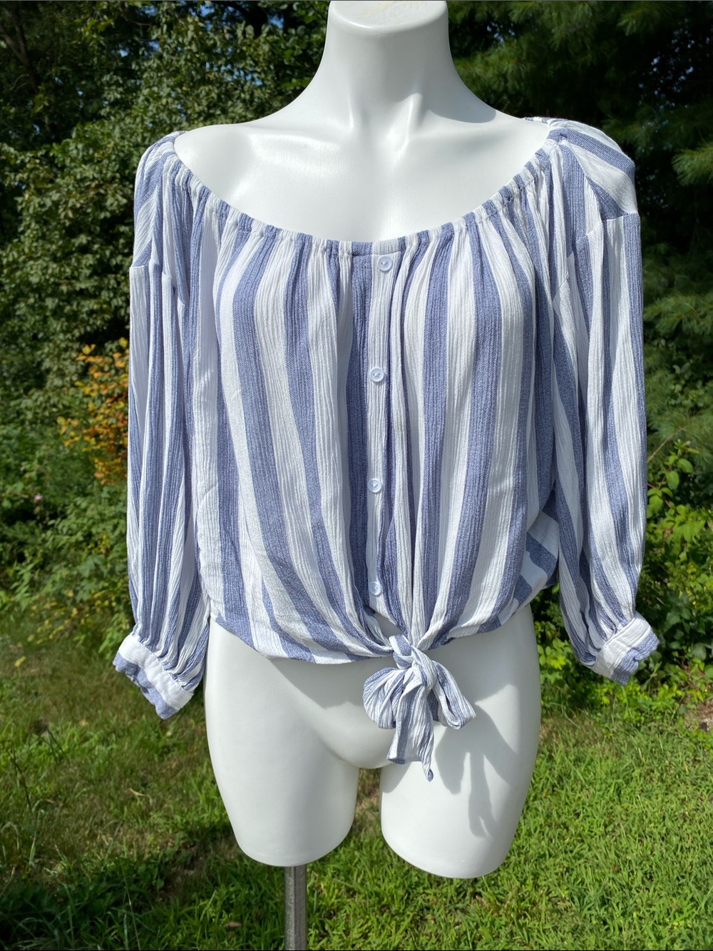 Aakaa tie waist denim blue shade and striped peasant blouse size S